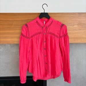 Free People Swiss Dot Embroidered Trim Top, Size S